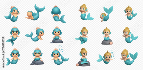 Cute cartoon mermaids in various poses with different hair colors, isolated on a transparent background, perfect for children's designs.