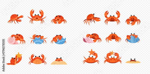 Collection of cute cartoon crabs in various poses, some interacting with seashells and sand, on a transparent background.