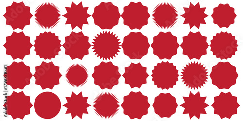 Set of red starburst. Sale sticker, price tag, starburst icon, quality mark, retro stars, circle sticker, red badges. Starburst red shape tags for price tags