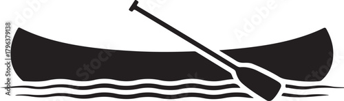 Black and white minimalist canoe and paddle graphic on water waves boat