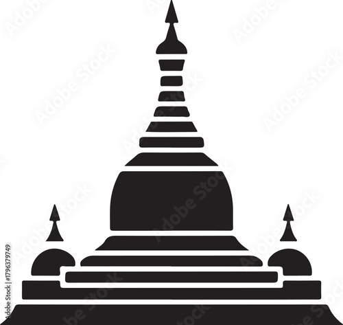 Black and white minimalist graphic of a tiered stupa or temple structure pagoda architecture