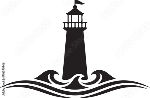 Black and white minimalist lighthouse silhouette with stylized waves beacon ocean