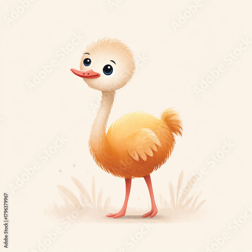 Cute Baby Ostrich Watercolor Illustration. Adorable Ostrich Chick Character.