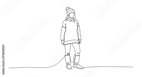 Standing woman in felt boots line art symbolizing rural winter style