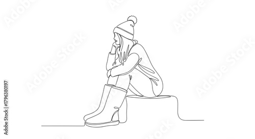 Seated woman in felt boots line drawing symbolizing quiet winter reflection