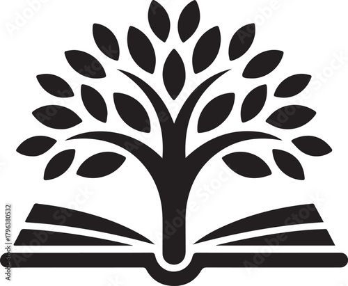 Black and white minimalist logo of a tree growing from an open book knowledge