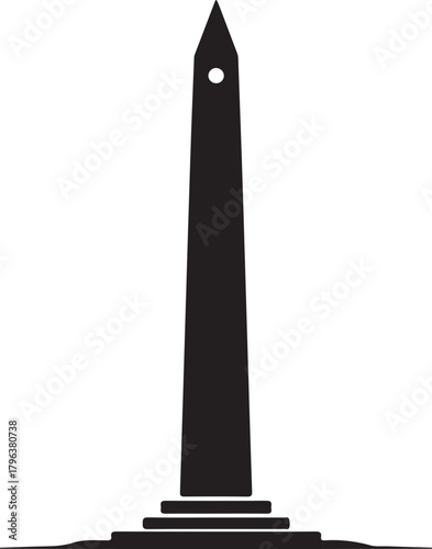 Black and white minimalist silhouette of a tall obelisk monument with a circular window