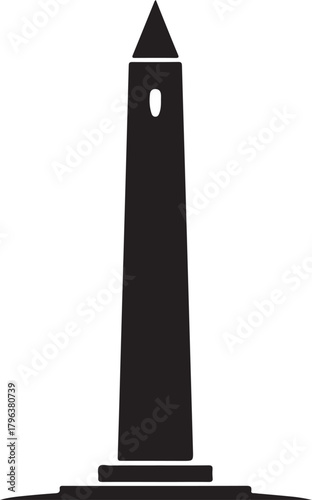 Black and white minimalist silhouette of a tall obelisk monument with a pointed top and a small window cutout