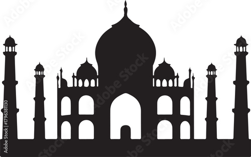 Black and white silhouette of the Taj Mahal monument with minarets and domes India