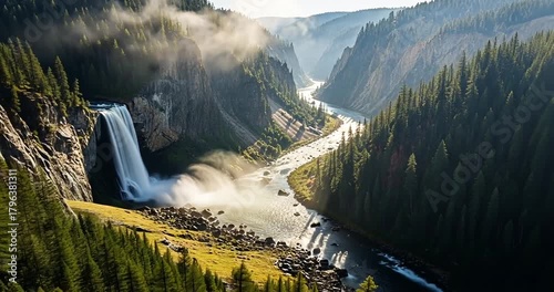 Majestic waterfall cascading into a serene river, surrounded by lush forests and mountains