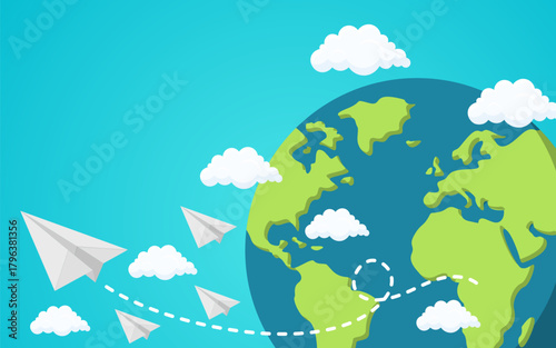paper plane world travel holiday round globe cloudy sunshine vector template illustration