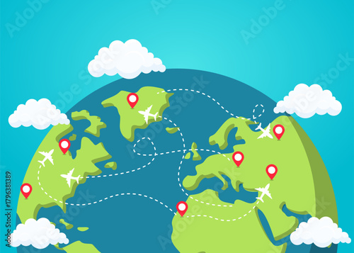 travel around the world holiday tourist destination plane traffic airplane vector illustration