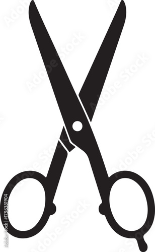 Black vector silhouette of open scissors for cutting hair, fabric, or paper in various professional and home settings