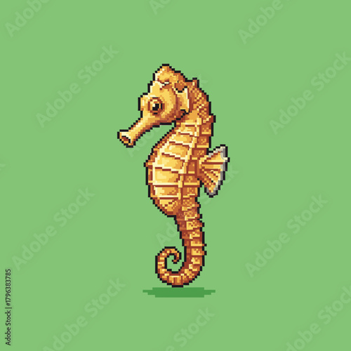 A pixel art illustration of a golden-brown seahorse with a textured body and curled tail, set against a solid green background.