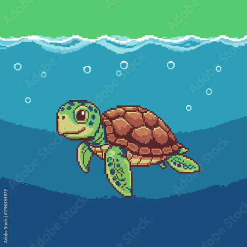 Cute pixel art baby sea turtle swimming happily underwater with bubbles.