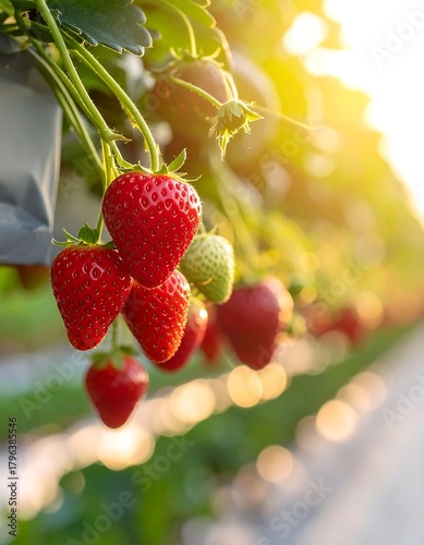 Close-up of ripe strawberries on vines bathed in warm sunlight, with a blurred row of plants receding in background
