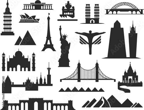 World famous landmarks silhouette vector collection with iconic monuments, architecture symbols, travel destinations, historical buildings, bridges, and tourist attraction illustration.