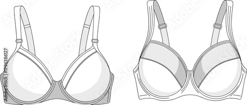 Underwire bra technical drawing vector template, detailed lingerie fashion flat sketch with front and back views for apparel design, clothing pattern and garment illustration