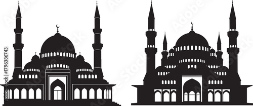 Two islamic mosques architecture silhouette