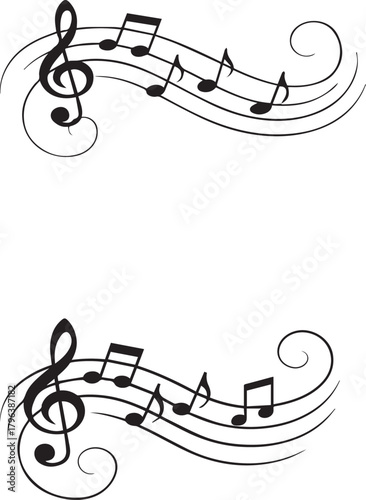Stylized music notes and treble clef ornamental border design element on white background