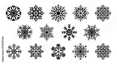 Collection of intricate black snowflake designs on a white background perfect for winter and holiday themes