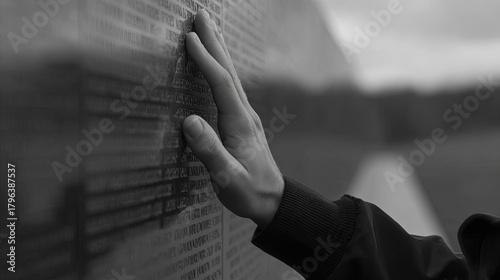 Person Touching Engraved Names on Memorial Wall in Emotional Gesture of Remembrance and Reflection at Historical Site with Black and White Tone