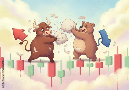 Bull and Bear Playful Duel in Market