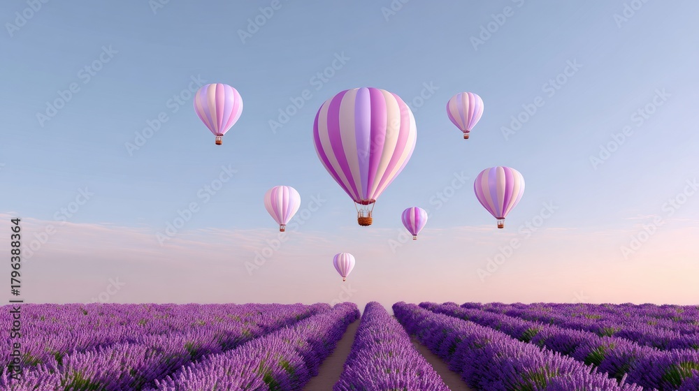 Fototapeta premium Hot air balloons flying over a vibrant lavender field under a clear blue sky at sunrise with soft sunlight illuminating the landscape