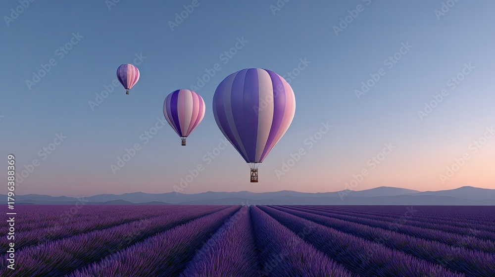 Fototapeta premium Colorful hot air balloons flying over a serene lavender field at sunrise, creating a peaceful and picturesque landscape in the countryside