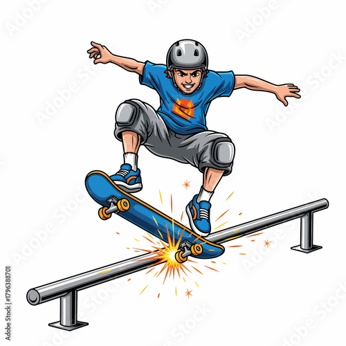 Cartoon illustration skateboarder grinds rail with sparks action sport freestyle