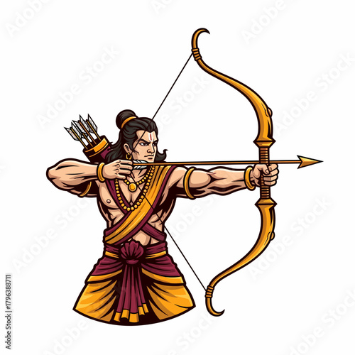 Cartoon illustration warrior aiming bow and arrow ready for battle stance
