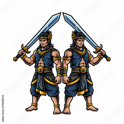 Cartoon illustration two warriors armed with swords traditional clothing attire
