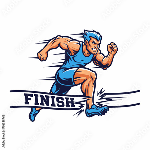 Cartoon muscular runner crossing the finish line with determination artwork