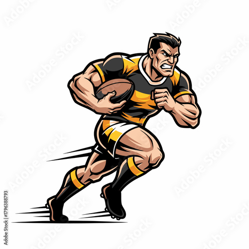 Cartoon rugby player illustration powerfully running with determined facial expression