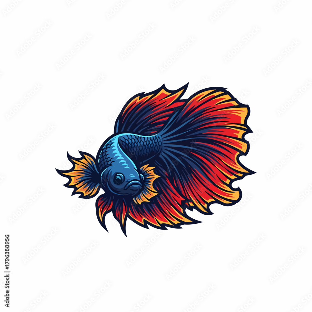 Fototapeta premium Digital illustration colorful betta fish with flowing fins isolated aquatic
