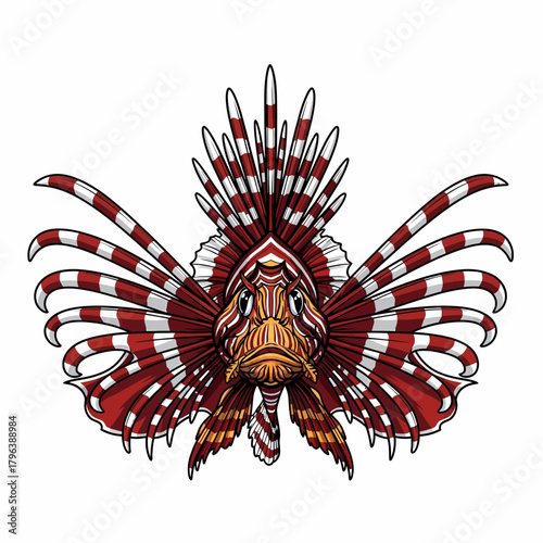 Detailed vector illustration of red striped lionfish marine predator