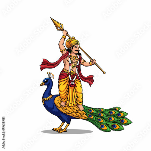Illustration Hindu god Murugan riding a peacock with a spear