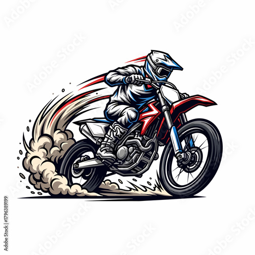 Illustration motocross rider performing stunt action with dust and trail