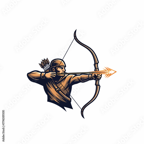 Illustration of archer aiming arrow with bow medieval warrior