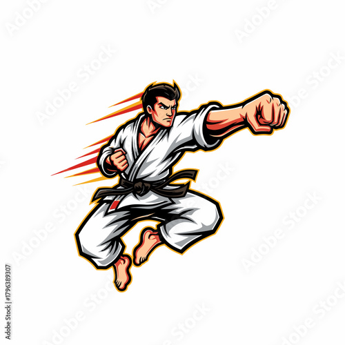 Illustration of a powerful karate fighter executing a punch with force