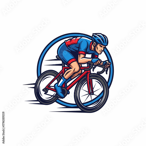 Illustration of cyclist pedaling fast in a race circuit background