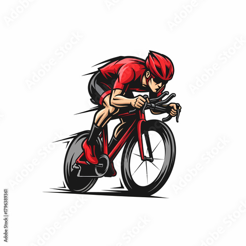 Illustration of cyclist racing at speed, wearing professional uniform sport