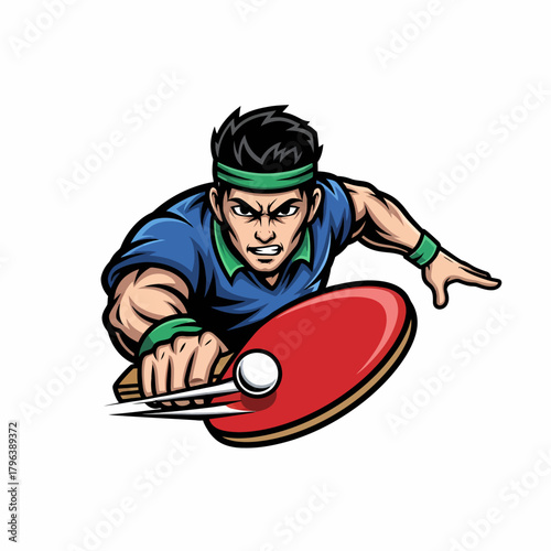 Illustration of determined table tennis player hitting ball aggressively during match