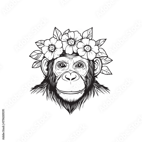 Cute Chimpanzee with Flower Crown – Black and White Line Art Animal Illustration