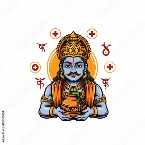 Illustration of Dhanvantari holding medicinal herb pot ayurvedic god
