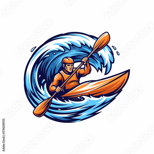 Illustration of kayaker paddling through a stylized wave illustration