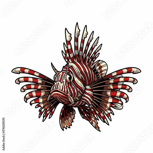 Illustration of red and white striped lionfish marine predator vector