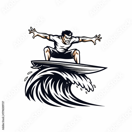 Illustration of surfer riding big wave surfing action sport