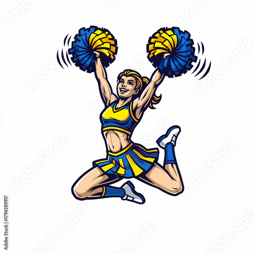Vector illustration energetic cheerleader jumping with pom poms overhead cheerfully