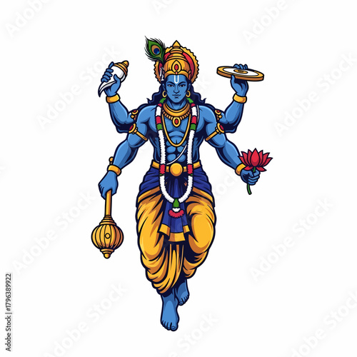 Vector illustration deity Vishnu carrying lotus conch mace chakra ornaments